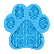 Blue paw-shaped mat with textured surface on a white background