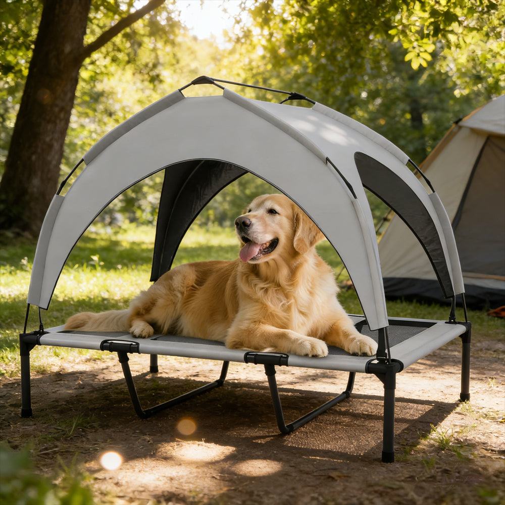 Light gray elevated dog bed with breathable mesh and canopy for outdoor use