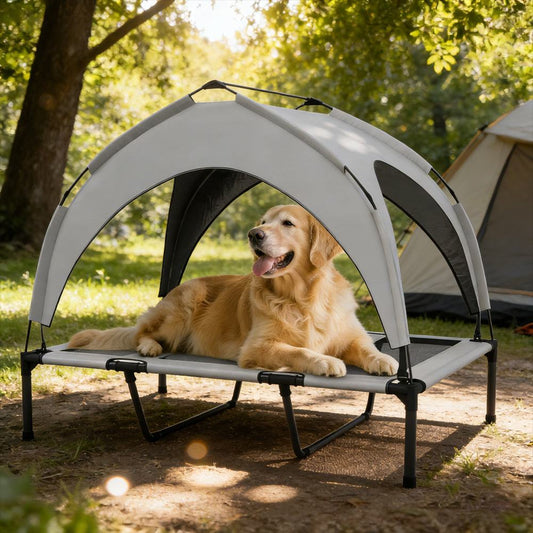 Light gray elevated dog bed with breathable mesh and canopy for outdoor use