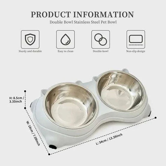 Gray stainless steel double cat food and water bowl with anti slip base and detachable design