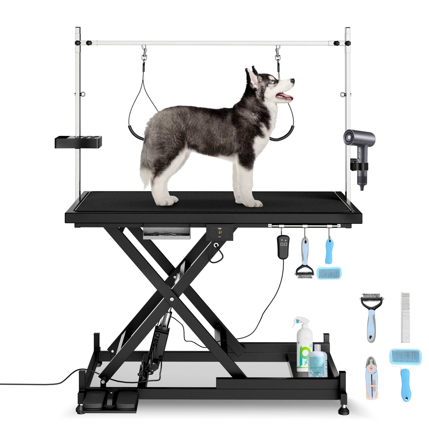 Electric Pet Grooming Table with adjustable height and a dog being groomed, featuring grooming tools and electric lift system.