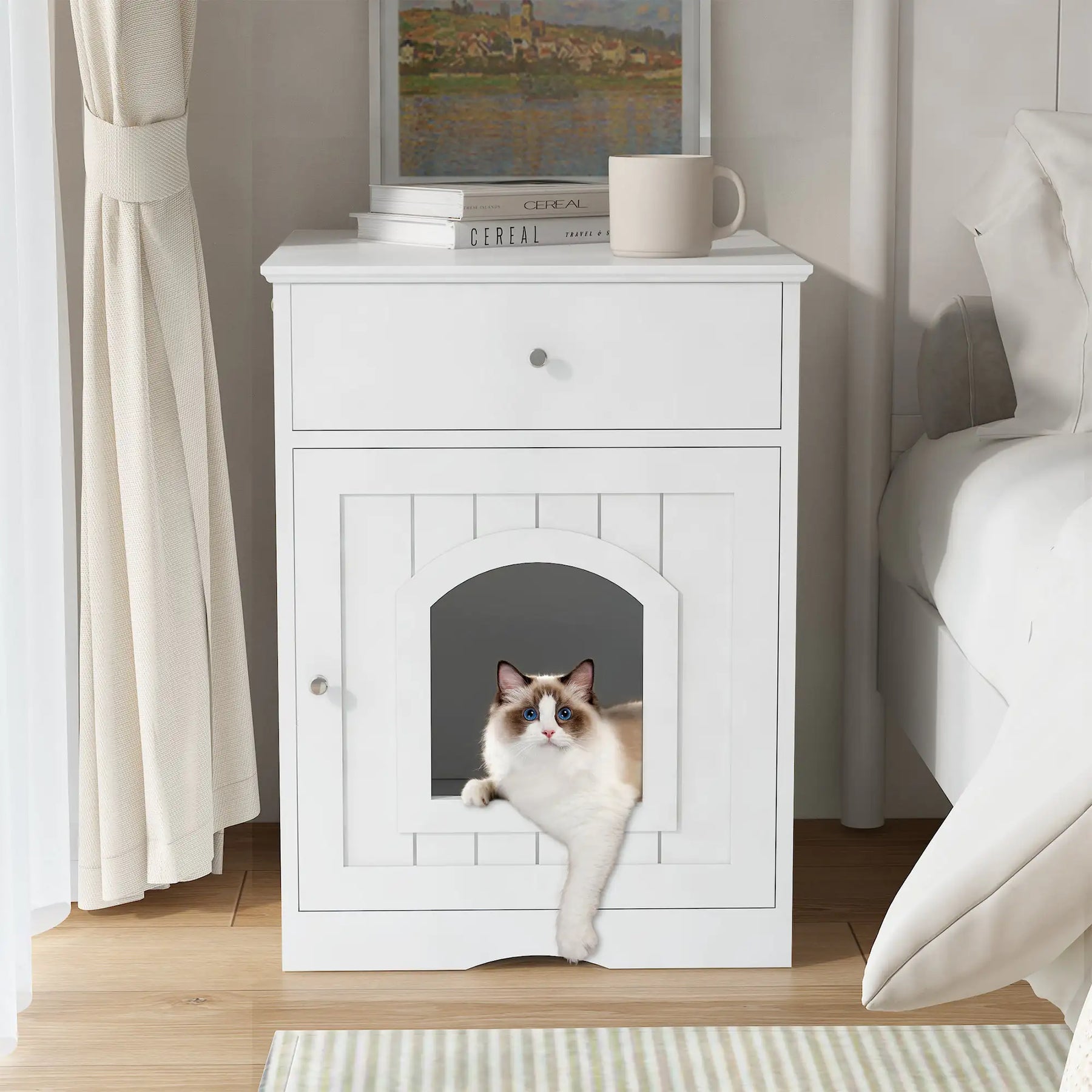 White Wooden Cat Litter Box Enclosure with Storage Drawer and Side Entry
