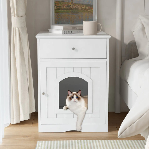 White Wooden Cat Litter Box Enclosure with Storage Drawer and Side Entry