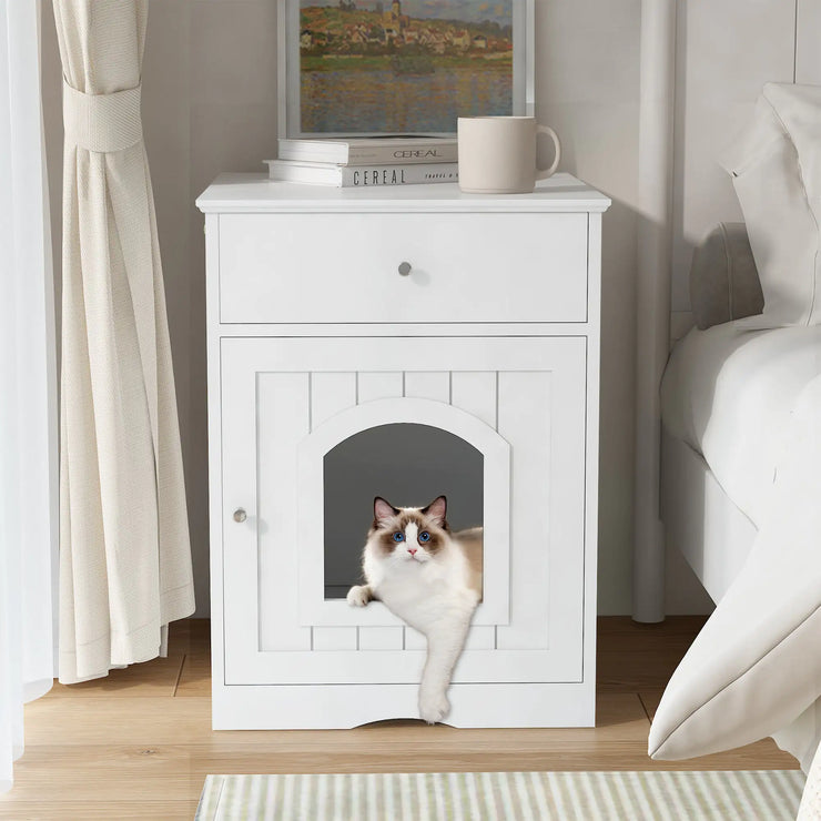White Wooden Cat Litter Box Enclosure with Storage Drawer and Side Entry