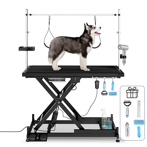 Black electric pet grooming table with adjustable height and sturdy steel frame for professional use