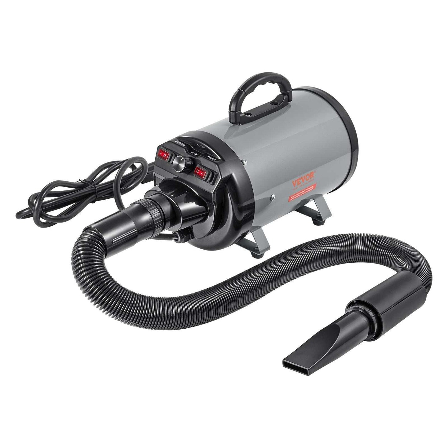 Grey and black powerful dog dryer with adjustable speed, temperature control, 4 nozzles, and extendable hose for pet grooming
