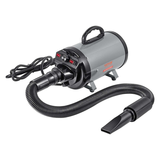 Grey and black powerful dog dryer with adjustable speed, temperature control, 4 nozzles, and extendable hose for pet grooming