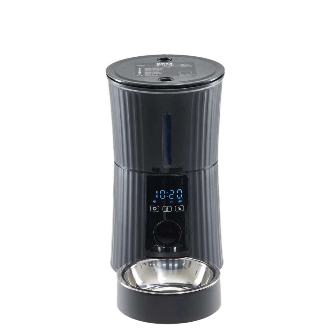 Smart 4-liter intelligent pet feeder with WiFi app control for cats and dogs, featuring precise meal portions, dry food freshness, dual power, and voice call function.