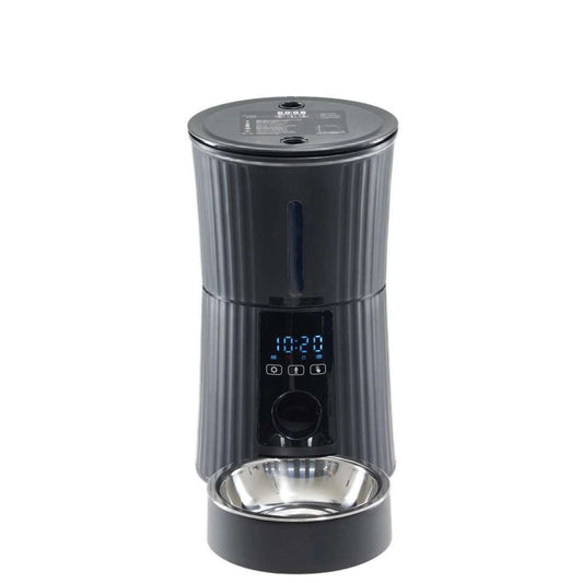 Smart 4-liter intelligent pet feeder with WiFi app control for cats and dogs, featuring precise meal portions, dry food freshness, dual power, and voice call function.