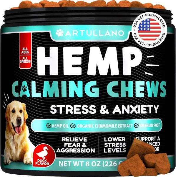 Package of Hemp Calming Chews for Dogs with natural anxiety relief ingredients like hemp oil, turmeric, valerian, and ginger