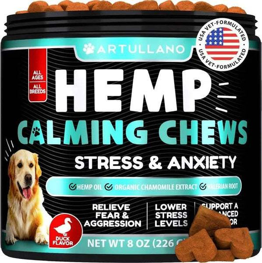 Package of Hemp Calming Chews for Dogs with natural anxiety relief ingredients like hemp oil, turmeric, valerian, and ginger