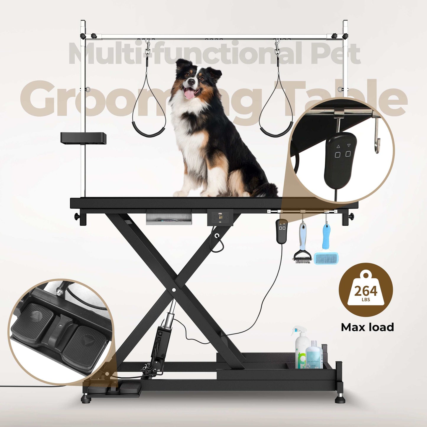 Electric Pet Grooming Table showcasing adjustable height, sturdy design, and features for easy grooming of pets.