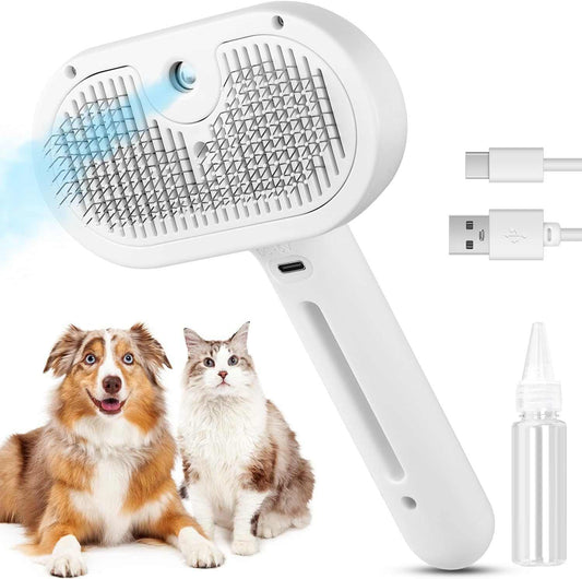 3 in 1 Cat Steam Brush with spray function and self-cleaning feature for pet grooming and hair removal