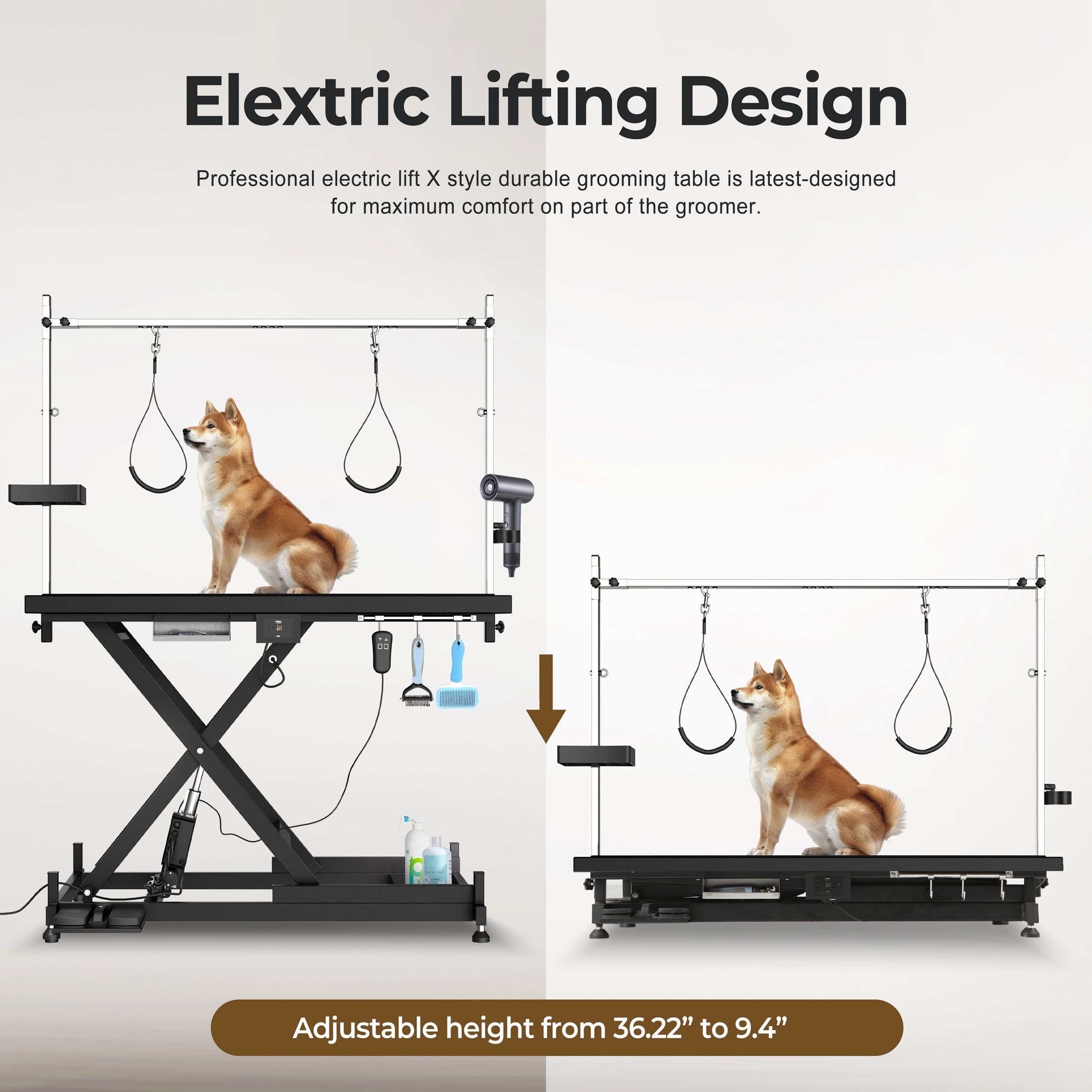 Electric Pet Grooming Table showcasing electric lift design and adjustable height from 36.22" to 9.4" for comfort.