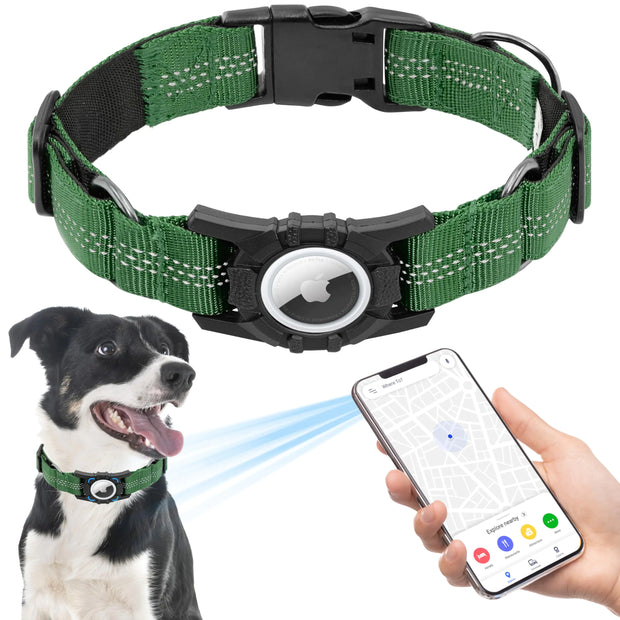 Seyezo Airtag Dog Collar Upgraded Reflective Airtag Dog Collar Holder Heavy Duty Pet Collar with Airtag Holder Adjustable Nylon Puppy Collars for Small Medium Large Dogs(XS(11.2’’-12.6’’) Green)