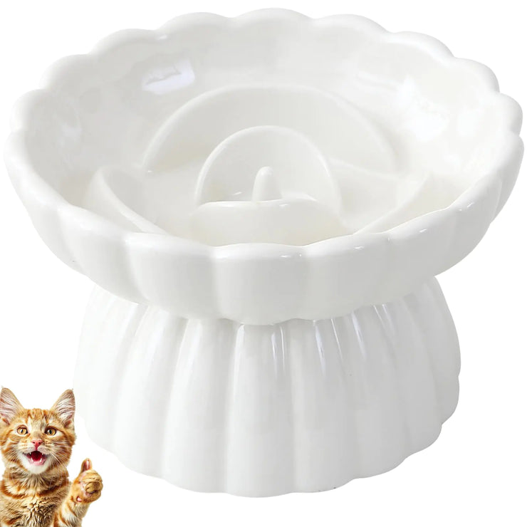 Ceramic elevated slow feeder cat bowl white