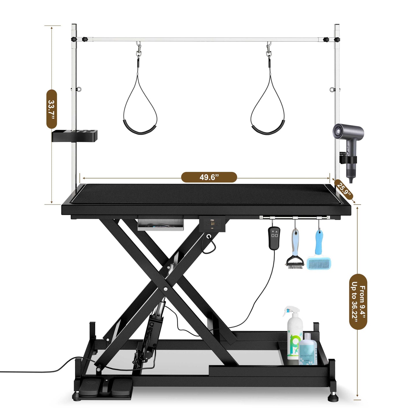 Electric Pet Grooming Table with adjustable height features secure grooming arms and heavy-duty frame.