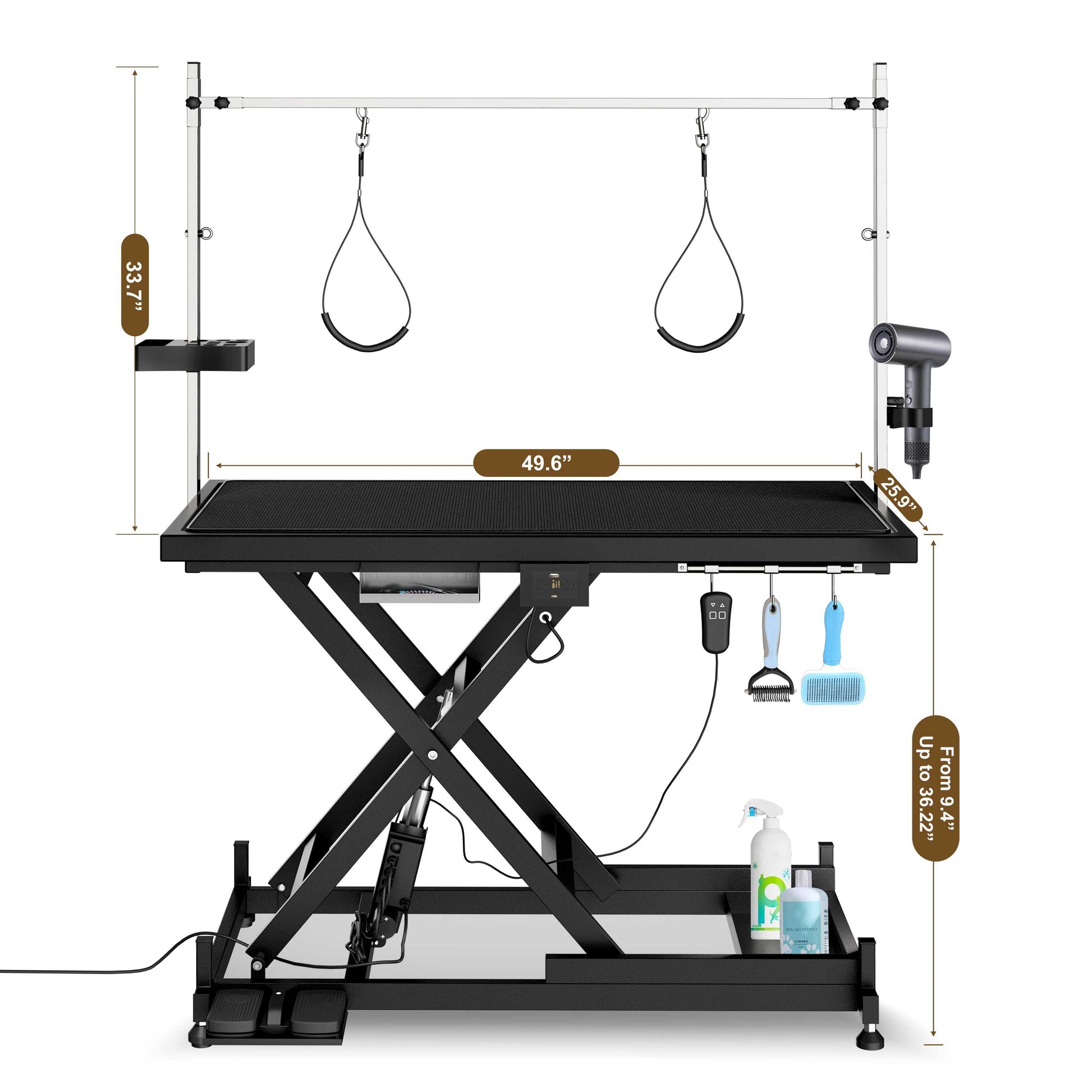 Electric Pet Grooming Table with adjustable height features secure grooming arms and heavy-duty frame.