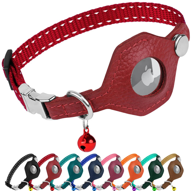 BUDKAS Leather AirTag Cat Collar with Metal Buckle - Reflective Non Breakaway Cat Collars with Apple AirTag Holder and Bell - GPS Tracking Pet Collars for Boy Girl Small Dogs Kitten Puppy (Red)