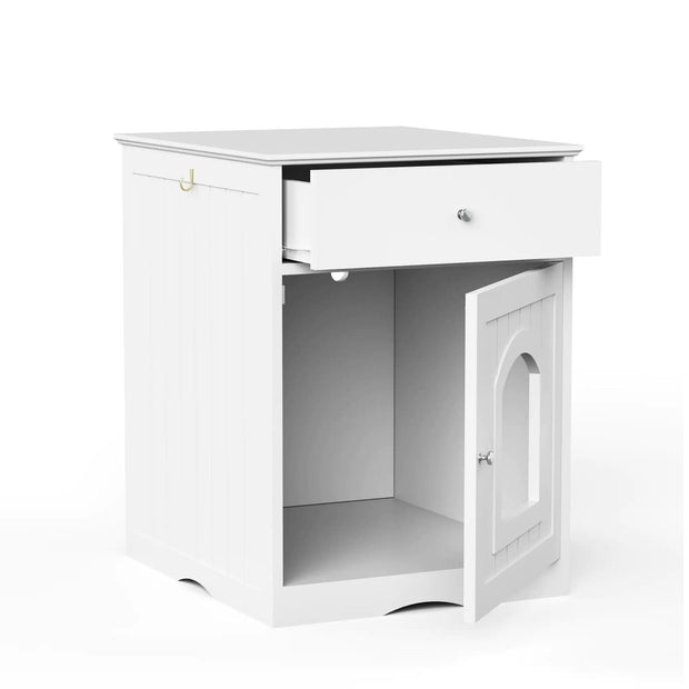 White Wooden Cat Litter Box Enclosure with Storage Drawer and Side Entry