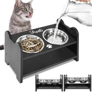 Pet feeding station with two bowls and a treat dish, accompanied by a cat and a person pouring water.