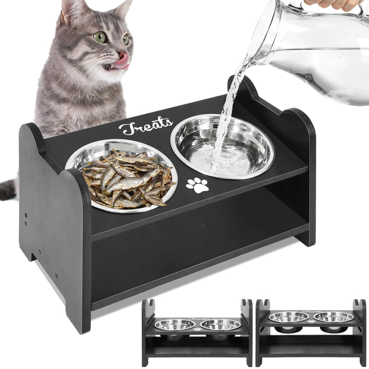 Pet feeding station with two bowls and a treat dish, accompanied by a cat and a person pouring water.