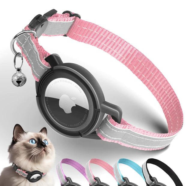 Airtag Cat Collar Breakaway Odokele Reflective Cat Collars with Apple Air Tag Holder for Kitten Cat GPS Tracker Adjustable Collars with Safety Quick Release Buckle for Kitties and Puppies - Pink