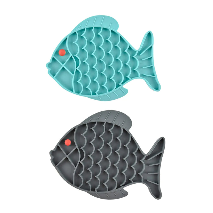 2 Pack Fish-Shaped Silicone Slow Feeder Lick Mats for Dogs & Cats (Blue + Grey)