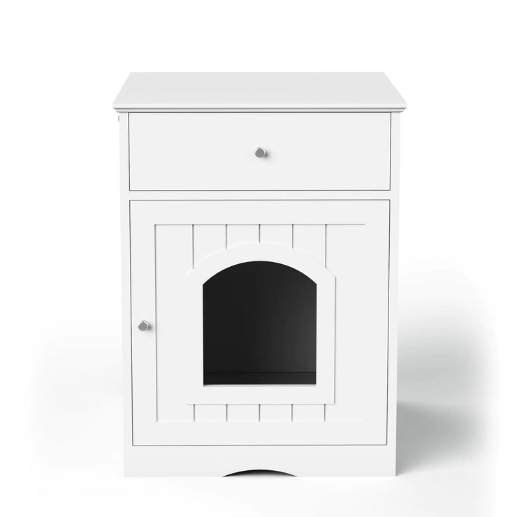 White Wooden Cat Litter Box Enclosure with Storage Drawer and Side Entry