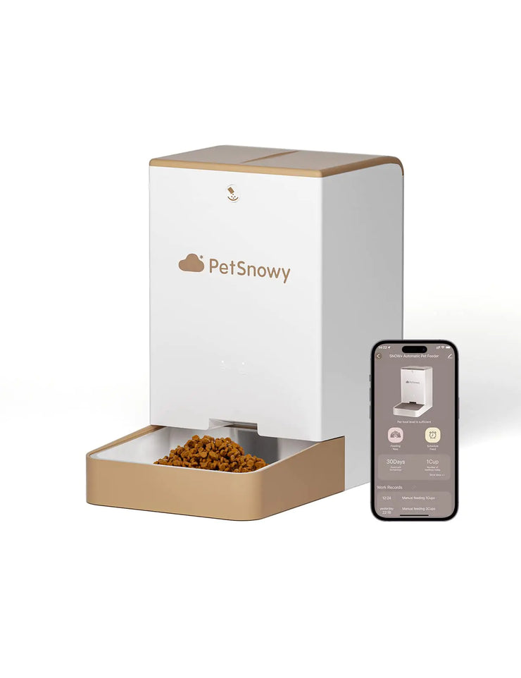 PetSnowy pet feeder with a smartphone displaying the app on a white background