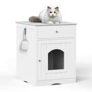 White Wooden Cat Litter Box Enclosure with Storage Drawer and Side Entry