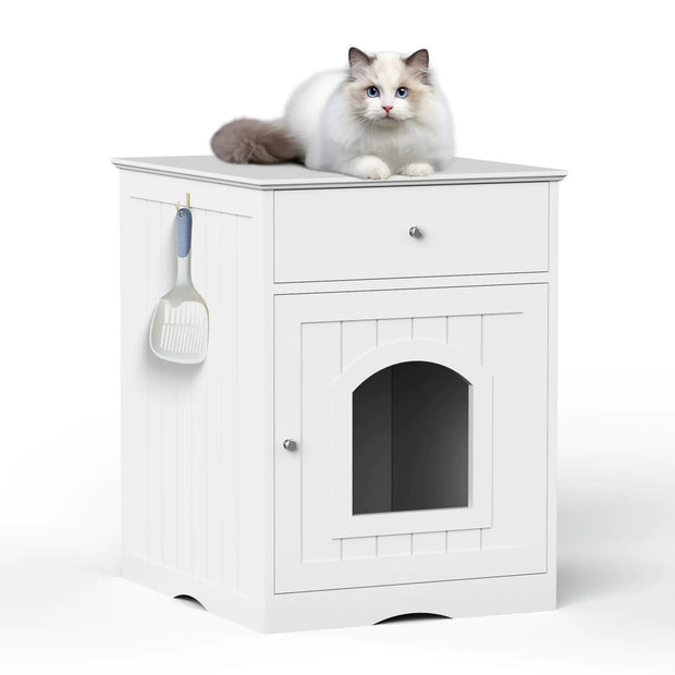 White Wooden Cat Litter Box Enclosure with Storage Drawer and Side Entry