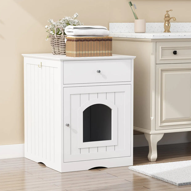 White Wooden Cat Litter Box Enclosure with Storage Drawer and Side Entry