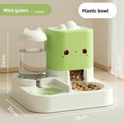 2 In 1 Automatic Pet Feeder and Water Dispenser in yellow, pink, and green with large capacity bowls for cats and dogs