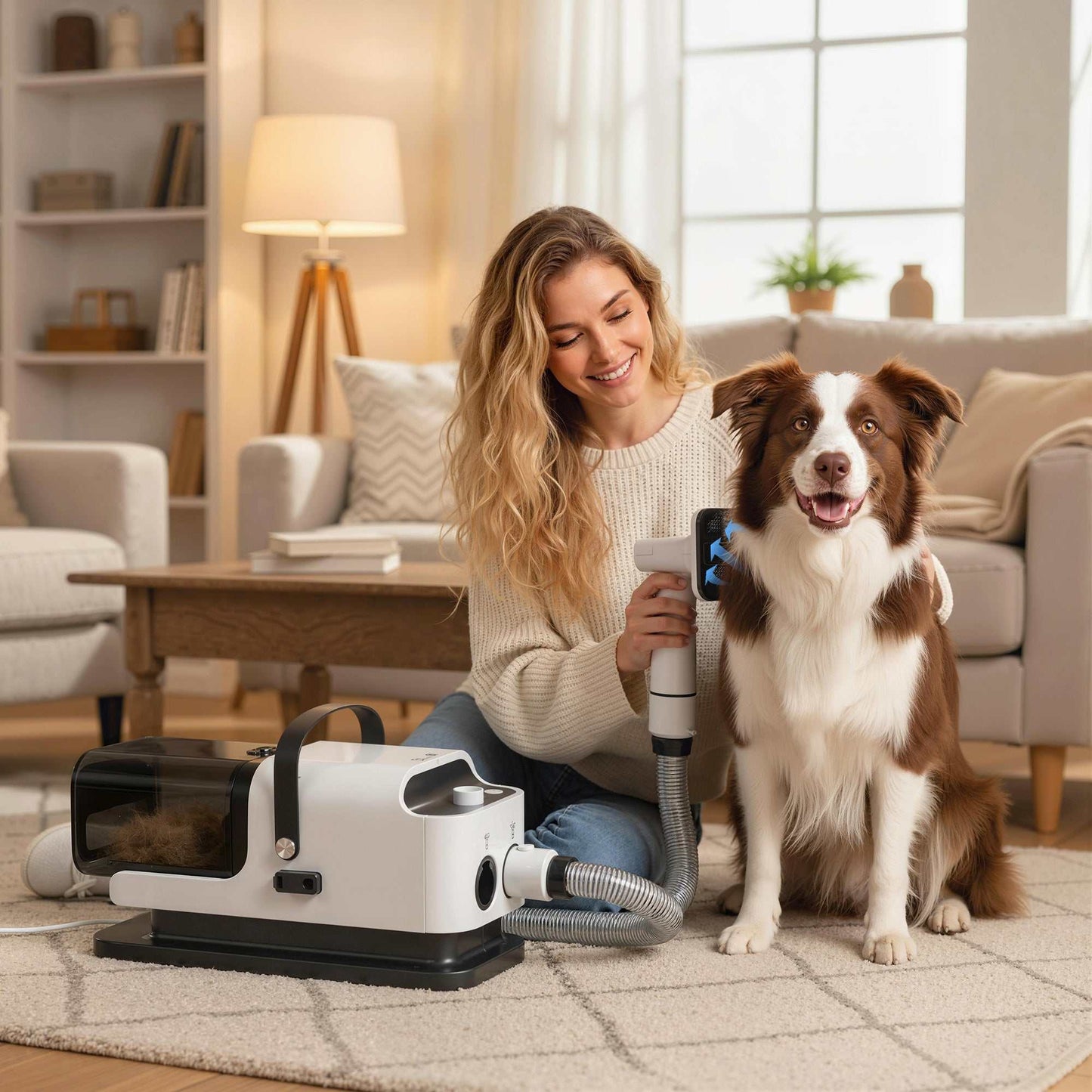 5 in 1 Dog Grooming Vacuum & Dryer with clipper, low noise and adjustable speed and temperature in white and gray color