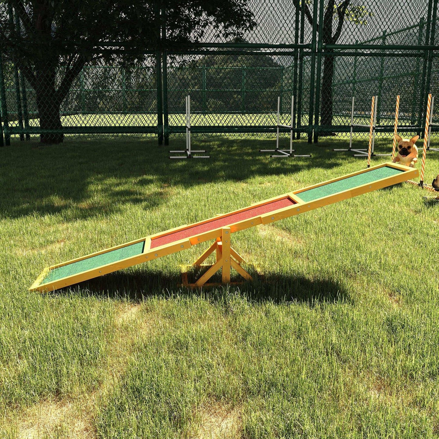 Wooden dog agility seesaw for training and exercise with anti-slip surface and weather-resistant fir wood construction