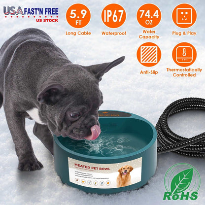 Army green heated water bowl for pets with IP67 waterproof rating and power cable