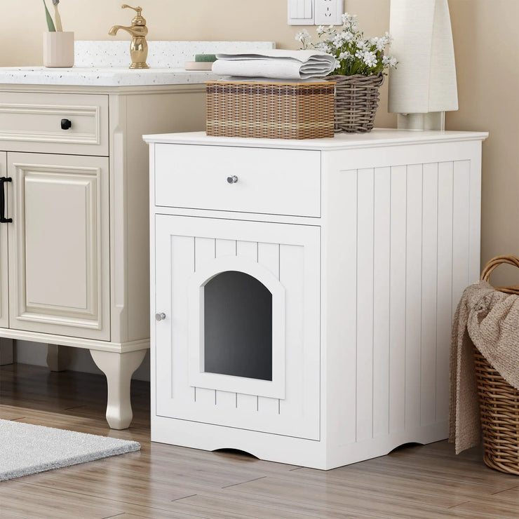 White Wooden Cat Litter Box Enclosure with Storage Drawer and Side Entry