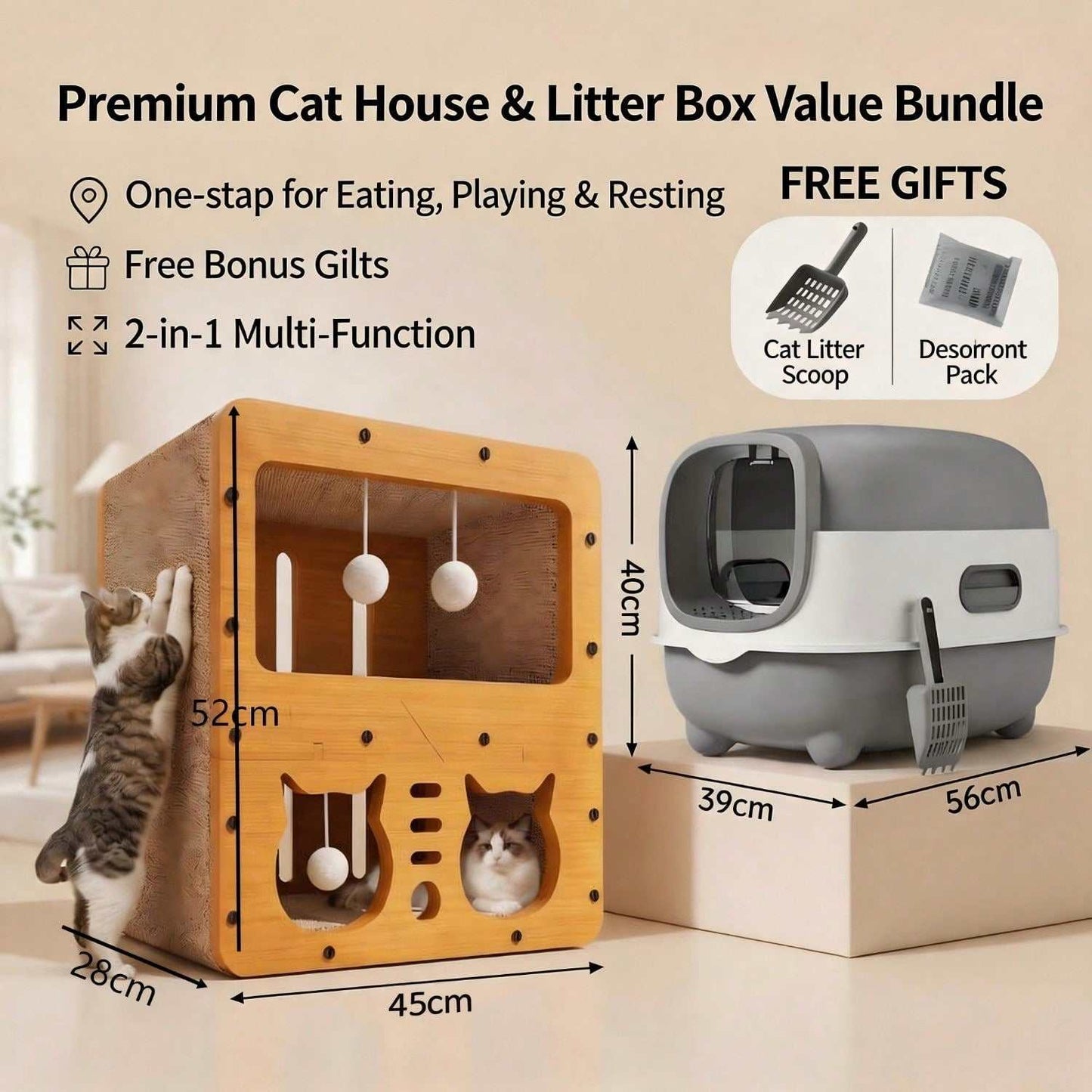 Multi-style wooden cat furniture bundle with enclosed odor-control litter box, scratcher house, and free scoop and deodorant pack for indoor cats