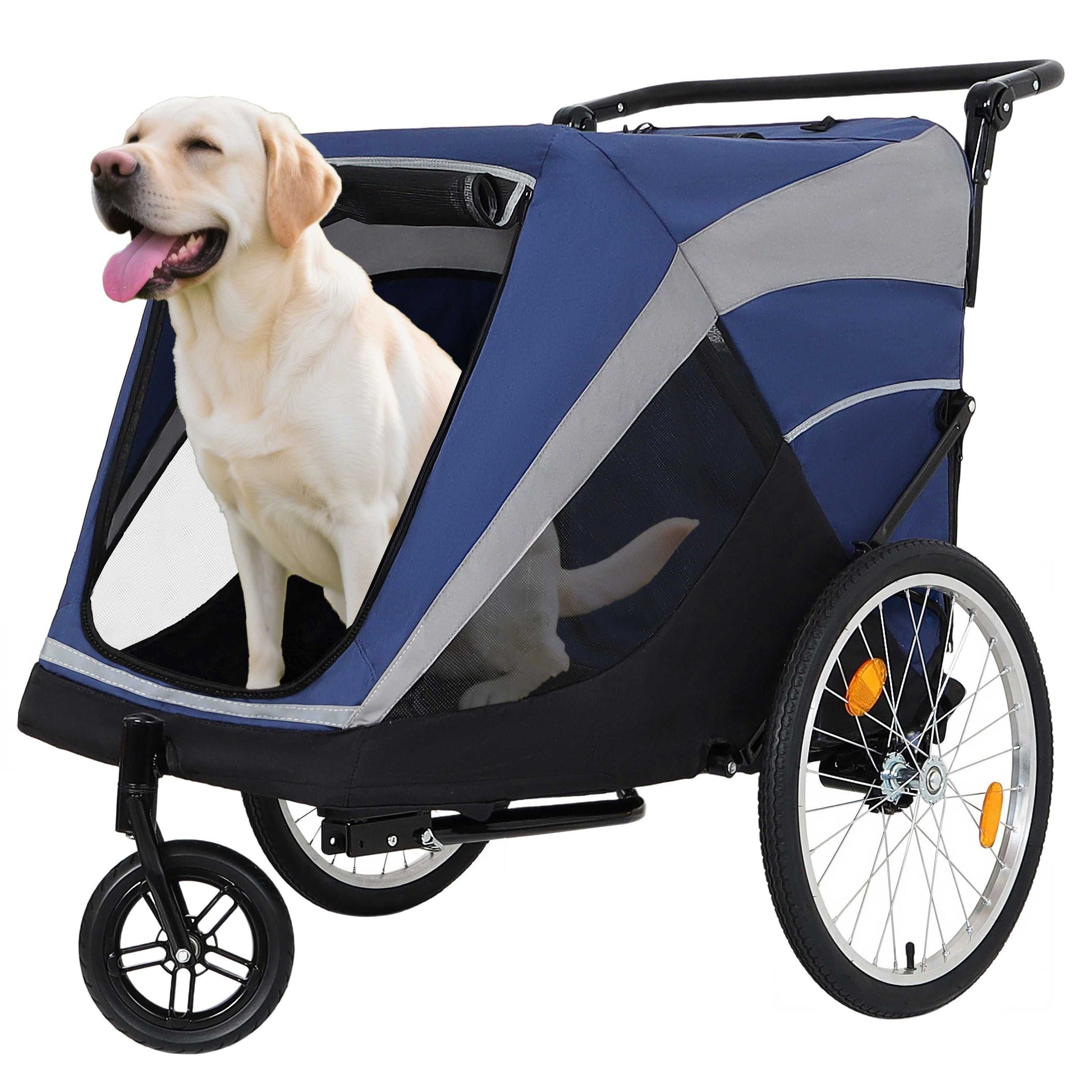 Black and blue 2-in-1 bike trailer and push cart for pets with detachable bike hitch and push handle, featuring quick release wheels, internal leash, cup pockets, and storage bag, holding pets up to 100 lbs