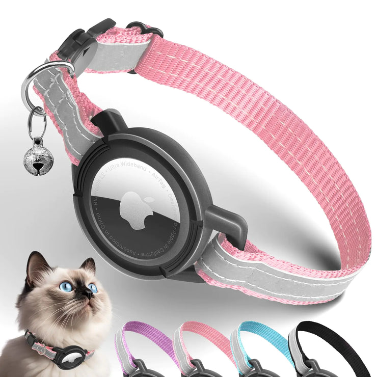 Airtag Cat Collar Breakaway Odokele Reflective Cat Collars with Apple Air Tag Holder for Kitten Cat GPS Tracker Adjustable Collars with Safety Quick Release Buckle for Kitties and Puppies - Pink