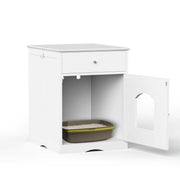 White Wooden Cat Litter Box Enclosure with Storage Drawer and Side Entry