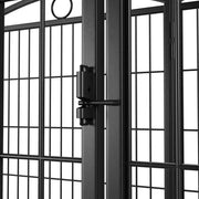 Metal gate with grid design and handle on a white background