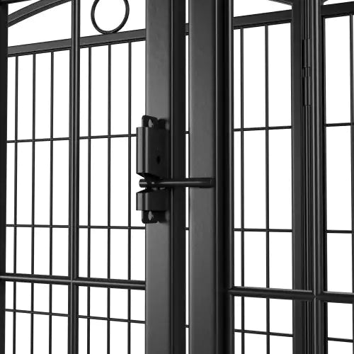 Metal gate with grid design and handle on a white background