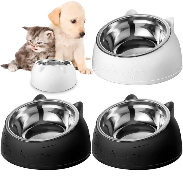 Set of pet bowls in white, black, and gray with a cat and dog on a white background