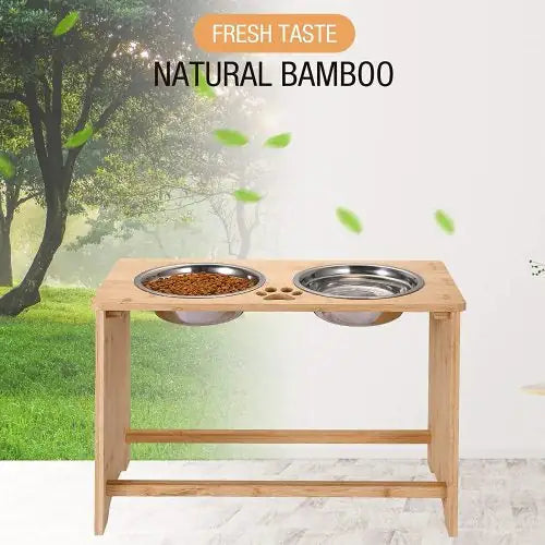 Wooden pet feeding station with two bowls on a white background with 'Fresh Taste Natural Bamboo' text.