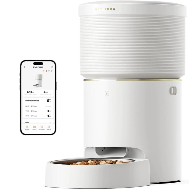 White pet feeder with smartphone app on a white background