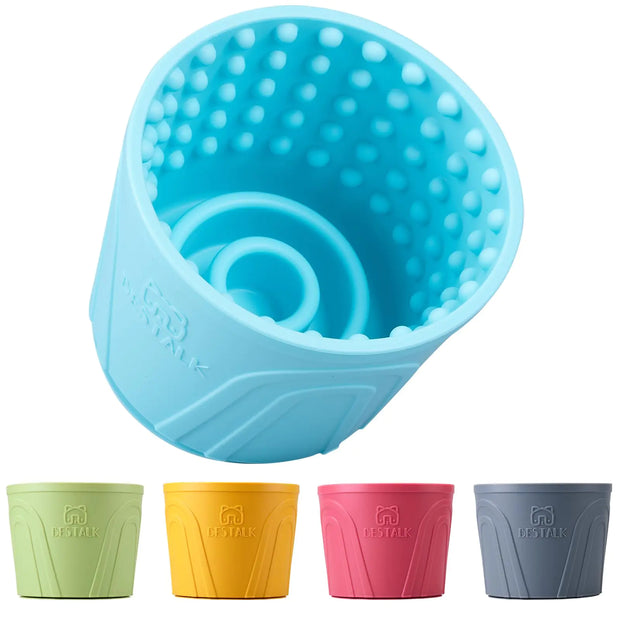 Blue textured cup with four additional colored cups on a white background
