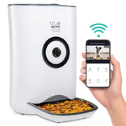 Smart automatic pet feeder with Wi-Fi app control and HD camera. Schedule meals, monitor pets, record voice, and dispense food remotely. 29-cup capacity.