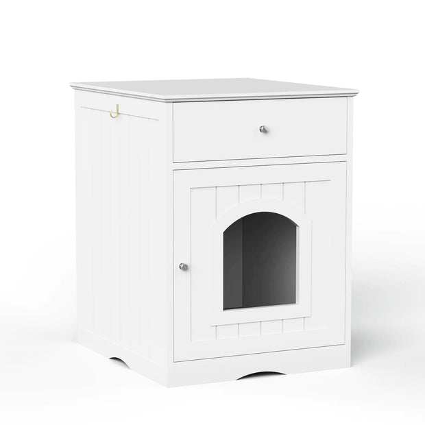 White Wooden Cat Litter Box Enclosure with Storage Drawer and Side Entry